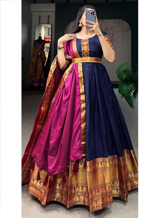 Cotton Navy Blue Traditional Wear Zari Work Readymade Gown With Dupatta